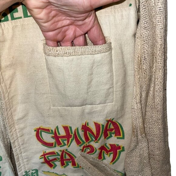 Mens Blazer Size Medium Tan Upcycled Burlap Rice Bag Pockets Open Front - Picture 4 of 10
